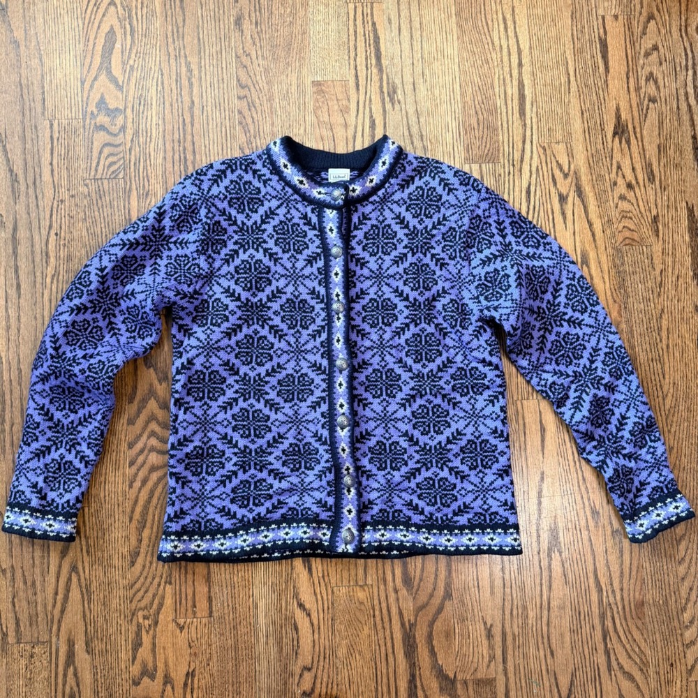 L.L. Bean Merino Wool Nordic Cardigan Fair Isle Snowflake Medium Purple Black